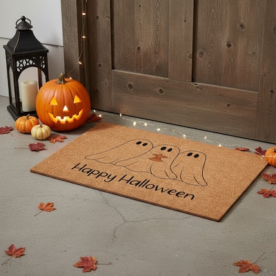 HomeRoots 17" X 29" Natural And Black Friendly Ghosts Happy Halloween Outdoor Coir Door Mat - 17.00' X '29.00