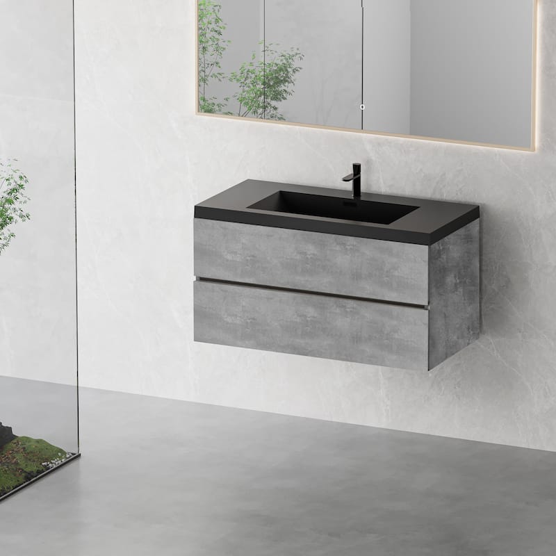 Modern Wall-Mounted Bathroom Vanity in Gray with Black Quartz Sand Top