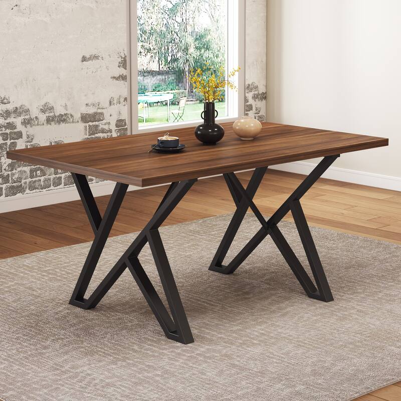 Industrial Dining Table Walnut MDF Top Metal Trestle Base Distressed Finish - Walnut+Black - Walnut+Black