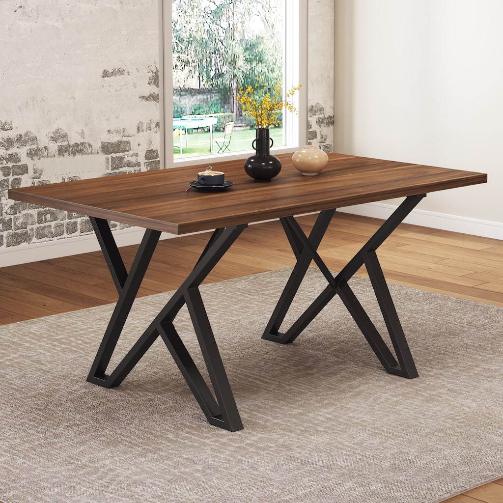 Industrial Dining Table Walnut MDF Top Metal Trestle Base Distressed Finish - Walnut+Black