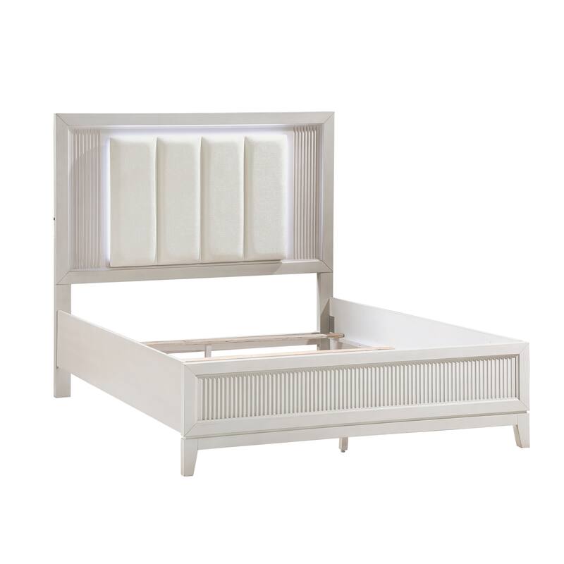 Queen Bed with LED Headboard and Upholstered Cushion, Reeded Fronts, Modern Bedroom Furniture - Antique White Finish