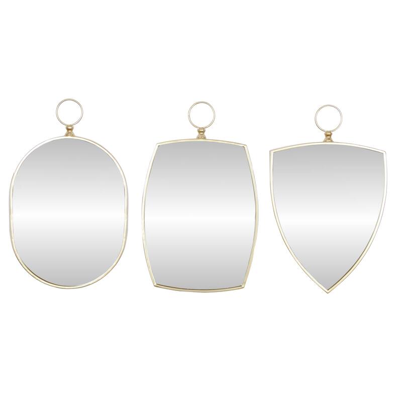Wooden Handmade Varying Shapes Wall Mirror with Ring Top - Set of 3 Gold - Roche River Decor - Gold