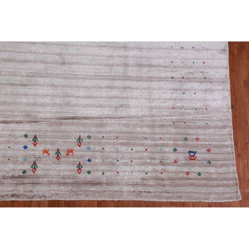Striped Gabbeh Indian Area Rug Hand-Knotted Grey Modern Wool Carpet - 9'2" x 12'3"