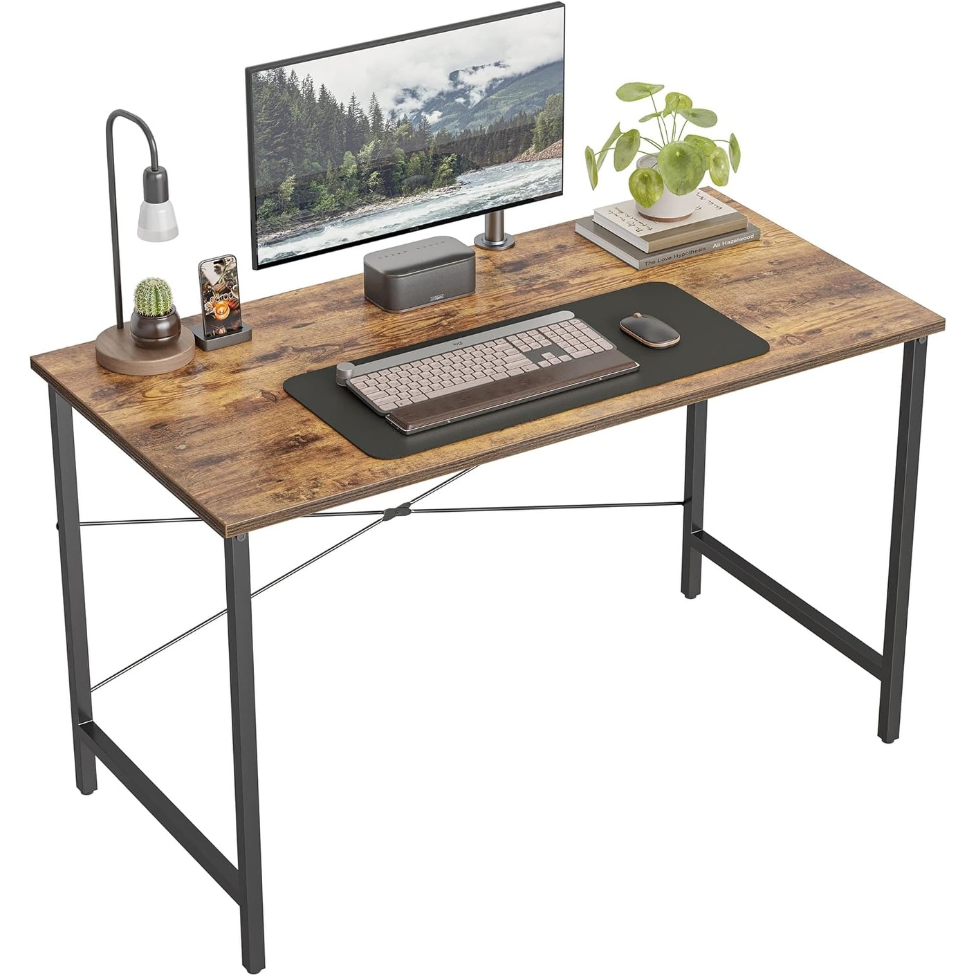 Modern 47-inch Home Office Desk with Black Metal Frame and Durable Brown Desktop
