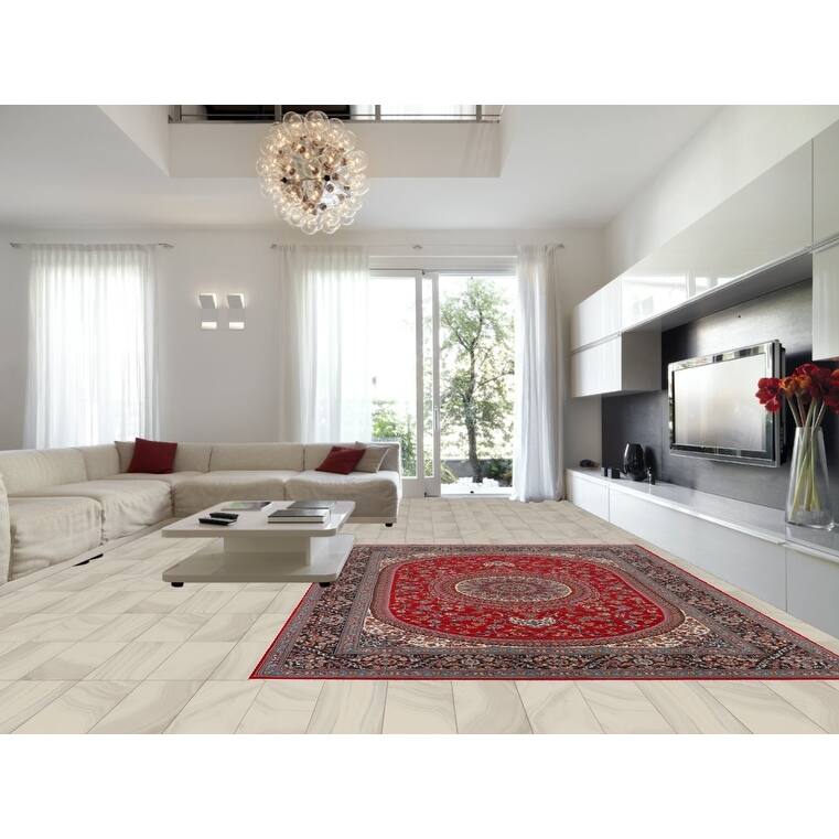 Traditional Kashan Turkish Rug Floral Red Machine-Made Carpet - 9'8" x 13'1"