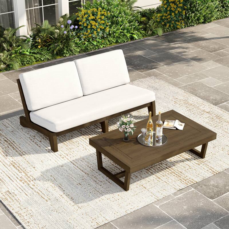 3 Seat Wood 64" W Cushioned Outdoor Patio Sofa with Coffee Table - Natural Wood - Beige