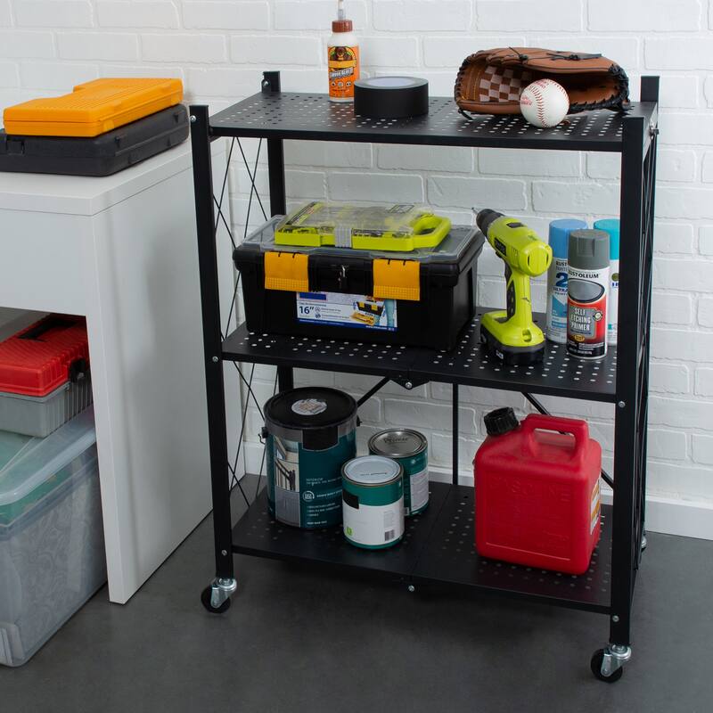 Organize It All Foldable Metal Rack with Wheels in Black