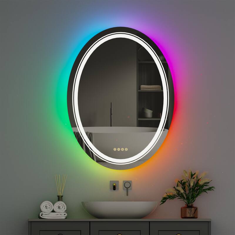 RGB LED Bathroom Mirror Anti Fog Dimmable Dual Lighting Touch Memory - 32"x 24" Oval