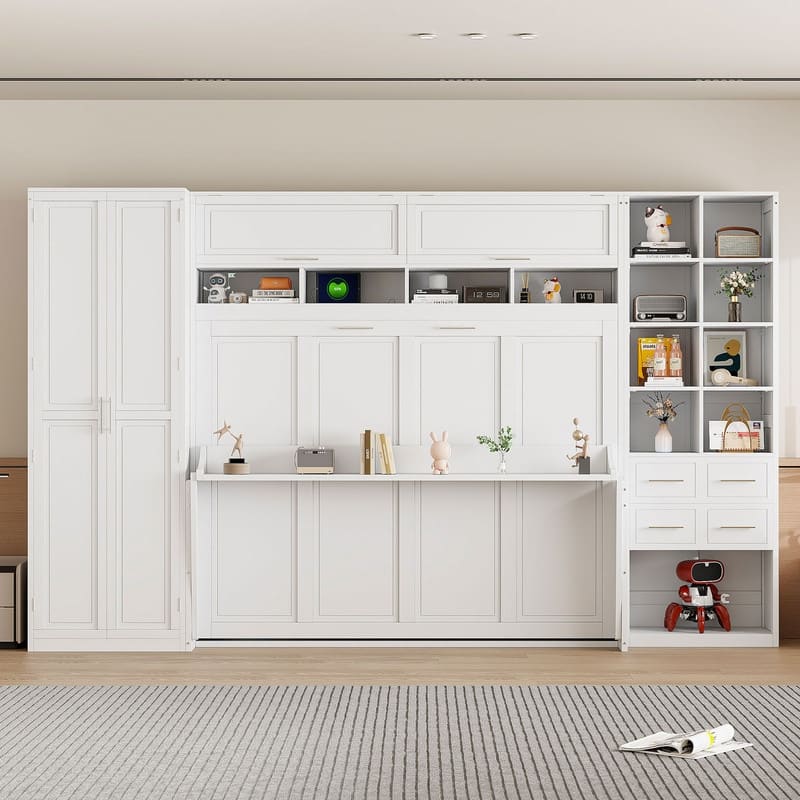 Queen Size Murphy Bed Wall Bed with Closet , Drawers and Shelves - White