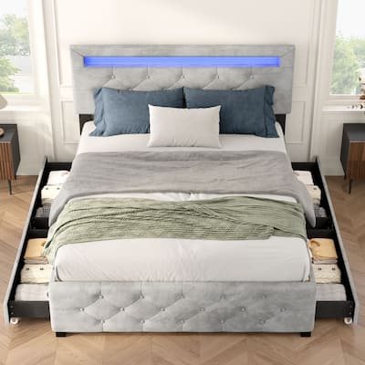 Full Size Storage Bed Frame with LED Headboard Lighting, Adjustable Dual-Height, 4 Storage Drawers