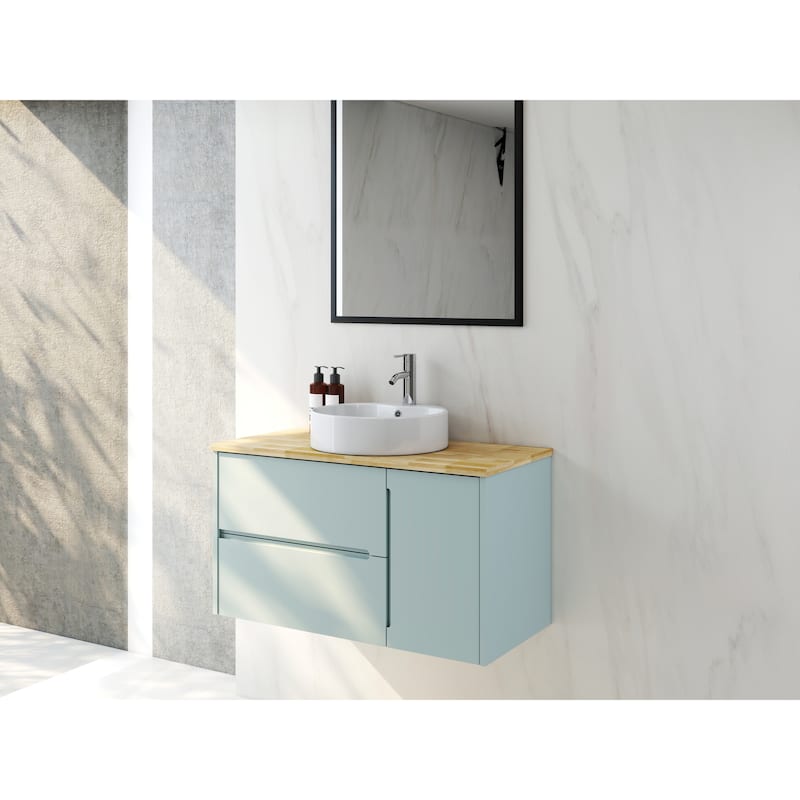 GDFStudio - 36-Inch Wall-Mounted Bathroom Vanity Solid Wood Natural Top, Round Art Ceramic Sink & Round Mirror