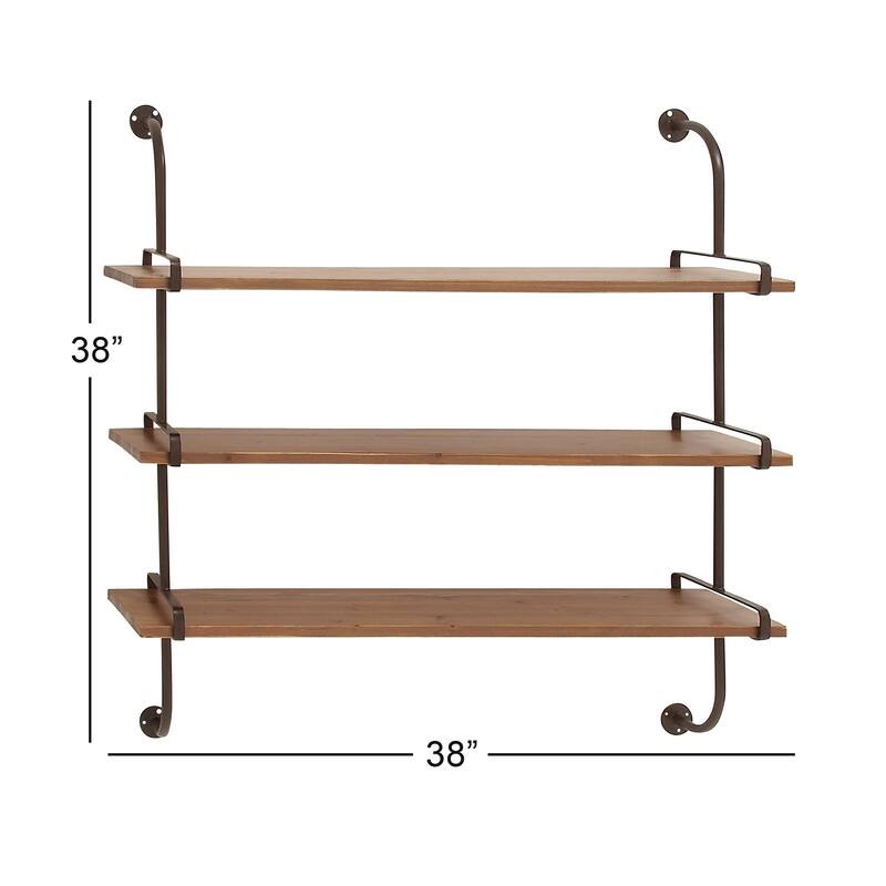 3 Level Wood Wall Shelf with Black Metal Brackets - Brown or Gray