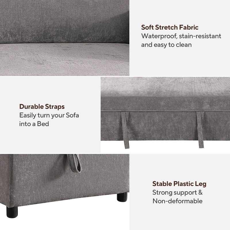 Chenille L-shaped Sectional Sofa with Pull Out Sleeper Bed, Reversible Storage Chaise, Folding Cup Holders and Charging Station