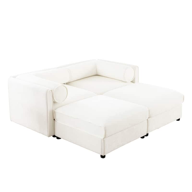 75.5" 2-Seater Chenille Sofa with 2 Ottoman Storage Seats, Cylindrical Backrest and Modular Design
