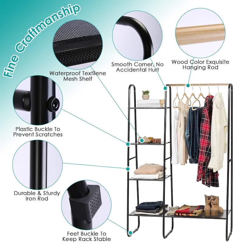 Metal Clothing Organizer with 1 Hanging Rod and 5 Mesh Shelves