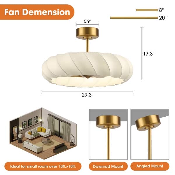 29" Brass Faux Silk Modern Cloud Dimmable Caged Fandelier Ceiling Fan with LED Light and Remote - 29.3" W x 29.3" D x 17.3" H
