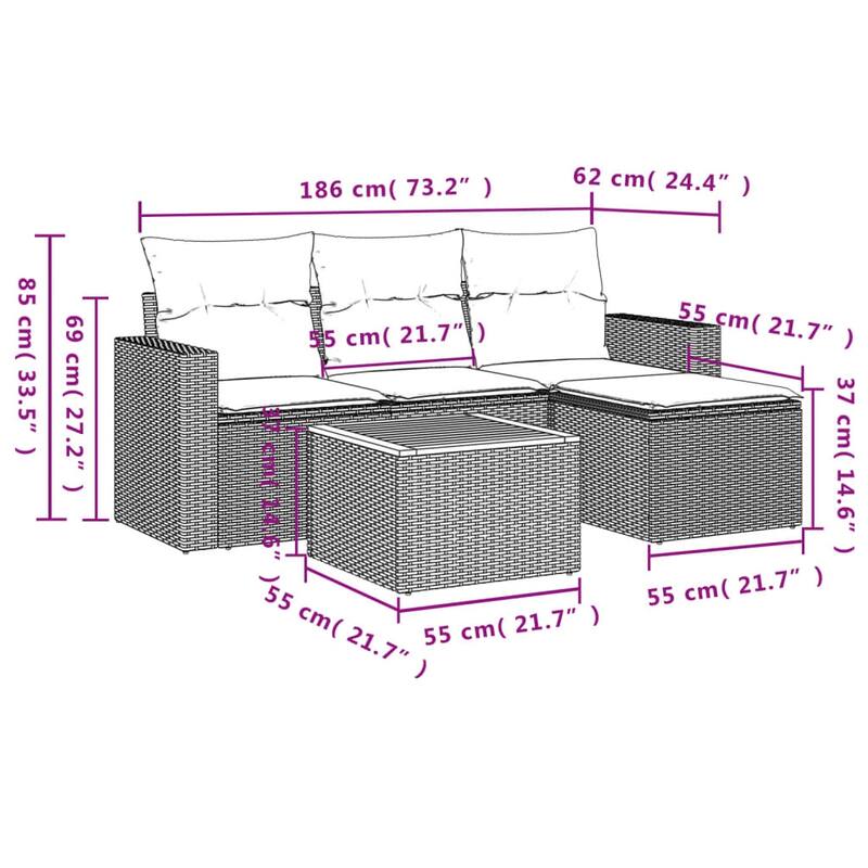 vidaXL Patio Sofa Set with Cushions Outdoor Furniture 5 Piece Poly Rattan - 25.8 x 24.4 x 27.2