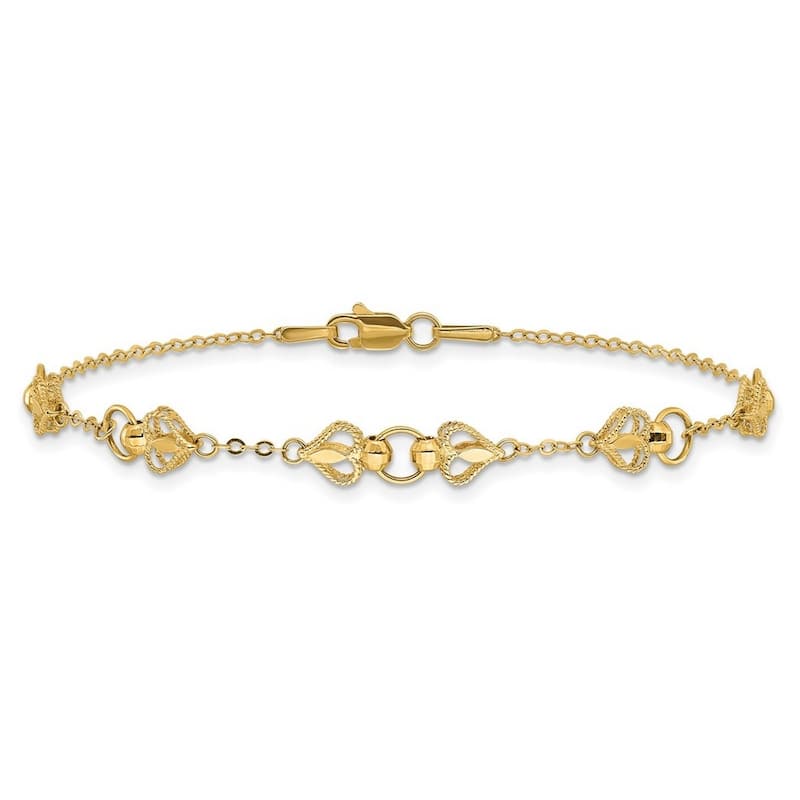 Curata 10k Gold 7.5" 5.5mm Textured Heart Station Links Bracelet
