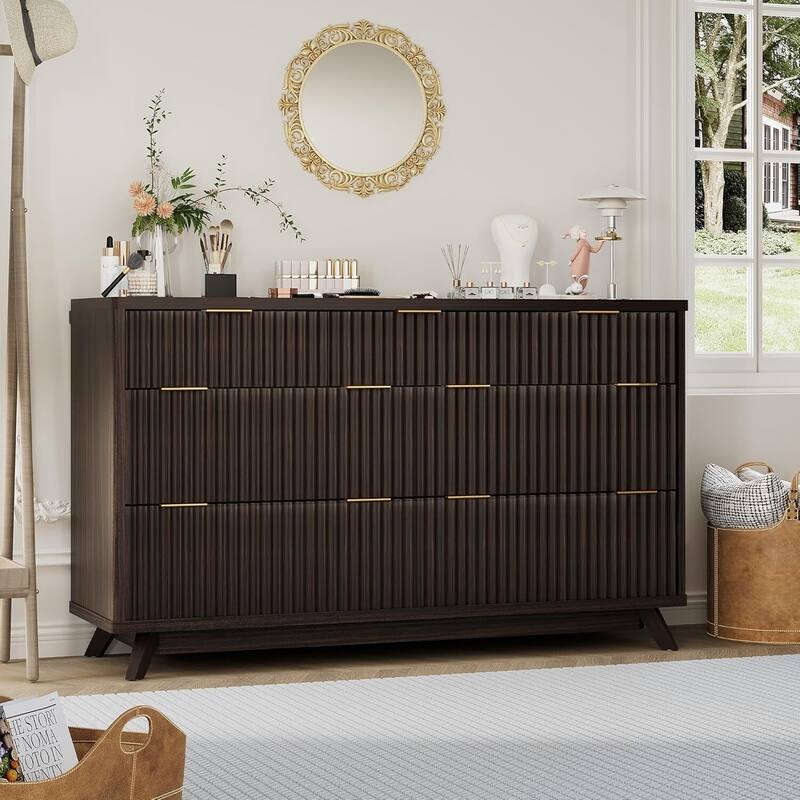 54" Modern Curved Profile Fluted Dresser with 7 Drawers - Brown