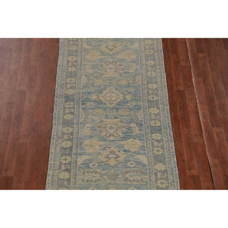 Hand Knotted Oriental 100% Wool Carpet Transitional Floral Navy Blue & Blues Oushak Runner Rug - 20' 2'' X 3' 1''