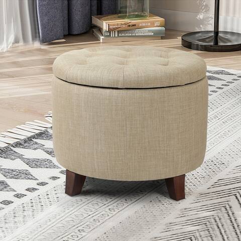 Adeco Round Linen Storage Ottoman Tufted Fabric Footstool with Lid