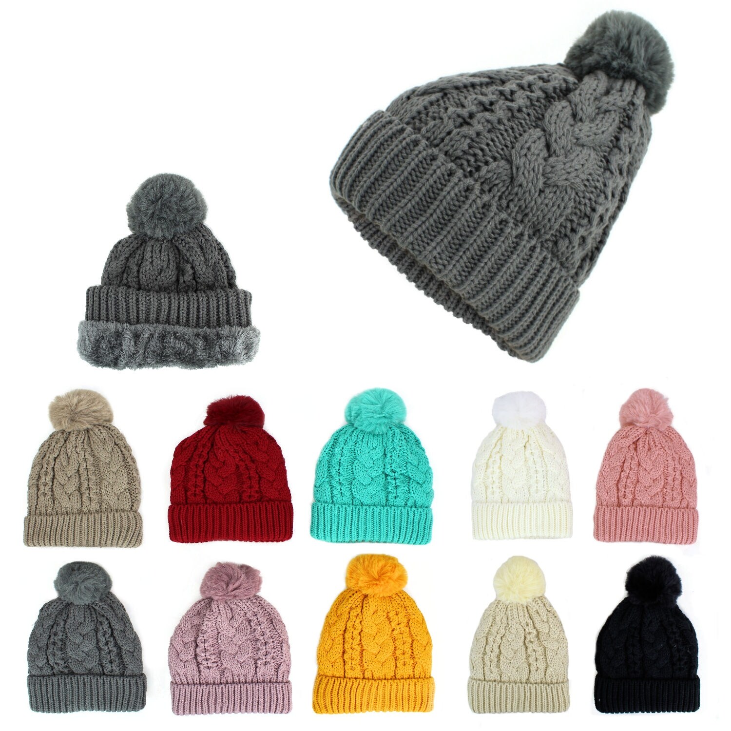 Shop Fashion Cable Knit Beanie Hat With Pom Pom Winter Soft