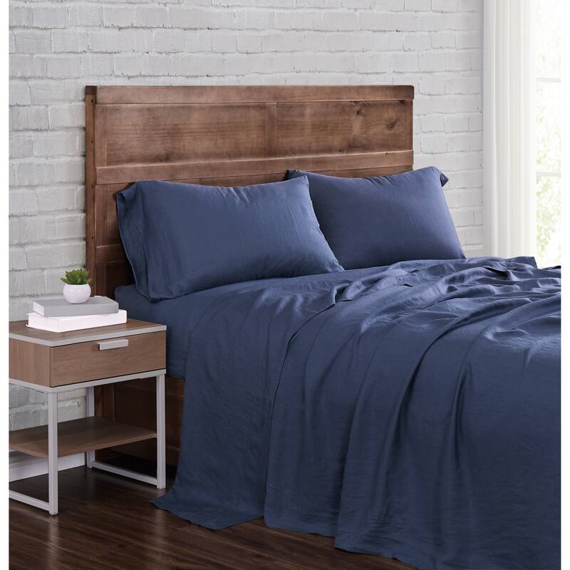 Brooklyn Loom 100% Natural Flax Linen 4-Piece Bed Sheet Set - Navy - California King