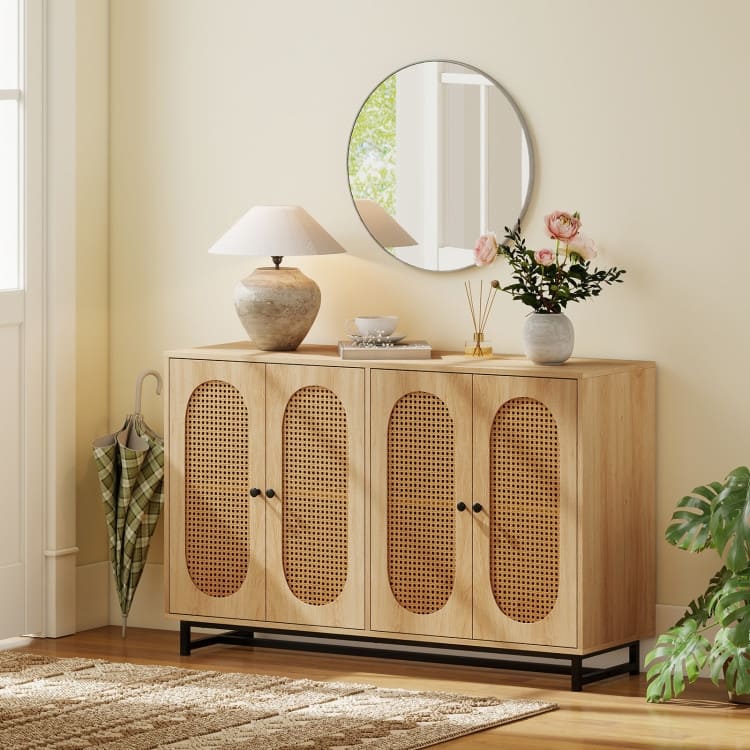 Natural Engineered Wood and Metal Buffet Sideboard with PE Rattan Doors - 50" × 16" × 32"