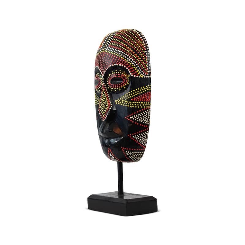 16" Wooden Hand Carved African Oval Face Mask in Dot Painting with Stand Handmade Primitive Tribal Statue Tiki Decor Figurine