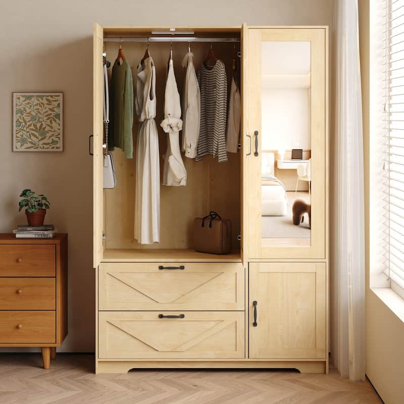 LED Wardrobe Cabinet Bedroom Tall Armoire with Mirror, Folding and Hanging Areas