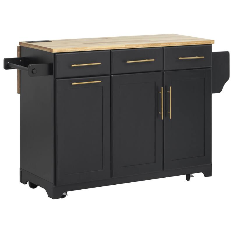 59.3" Rolling Kitchen Island with Storage 2 Pull Out Cabinet Organizers & Rubber Wood Drop Leaf,Trash Can Storage,Power Outlet
