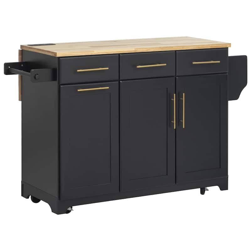 59.3" Rolling Kitchen Island with Storage and Pull-Out Organizers Rubber Wood Drop Leaf Rolling Design for Versatile Use