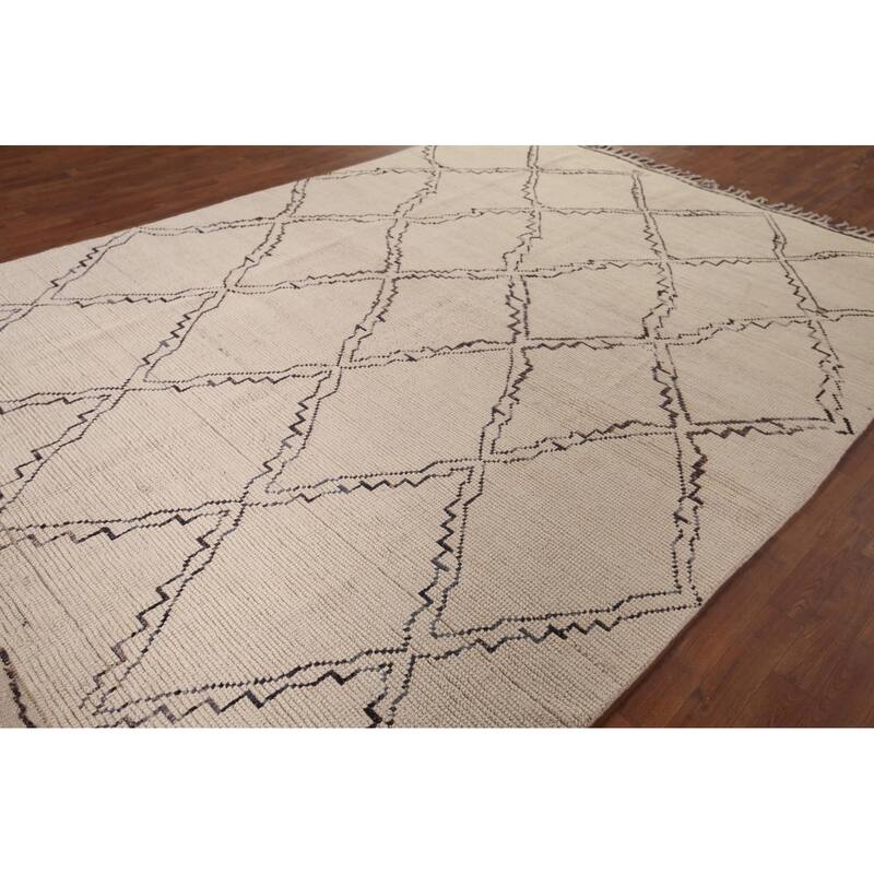 All-Over Trellis Ivory Moroccan Area Rug Handmade Wool Carpet - 7'11"x 11'0"