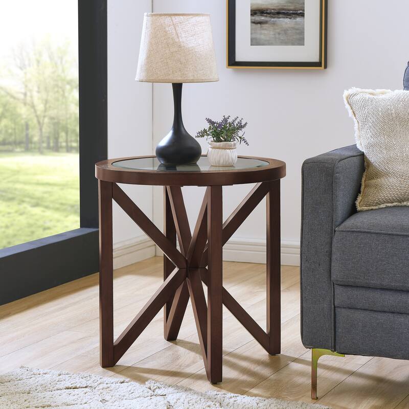 Glass coffee table,Tempered Glass Coffee Table Solid Wood Base Round Transparent Glass Top Terrace Study Coffee Table