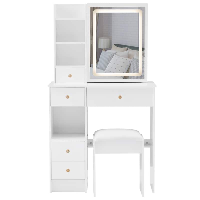 29.2" Small Size Left Drawer Desktop Vanity Table + Cushioned Stool, Large Sliding, Touch Control, Tri-color Switching