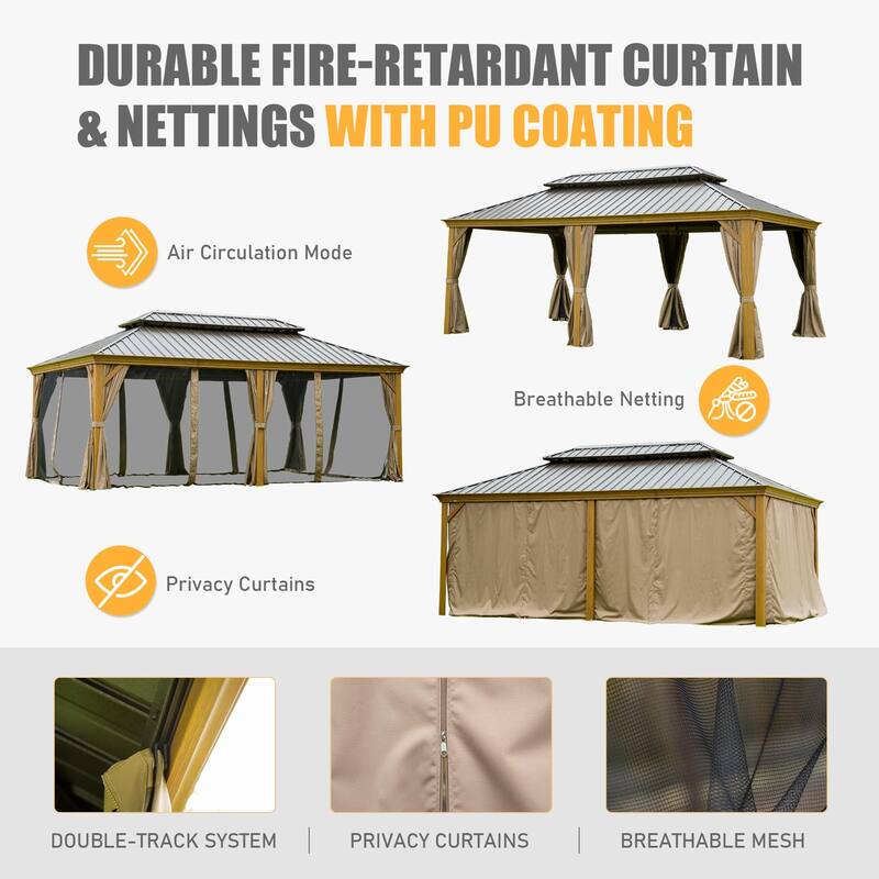 GDFStudio - Terry Outdoor Aluminum Hardtop Gazebo with Galvanized Steel Double Roof, Curtains & Netting