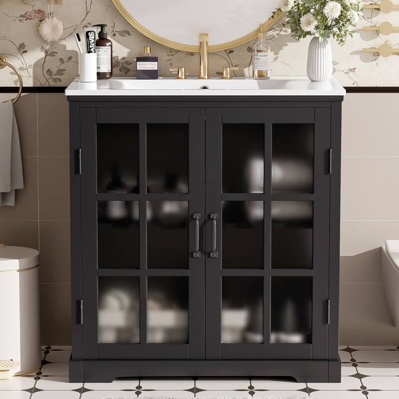 30"Bathroom Vanity with Ceramic Sink, Tempered Blurred Glass and Matte Black Handles, Large Storage Space and Rubber Wood Frame - Matte Black