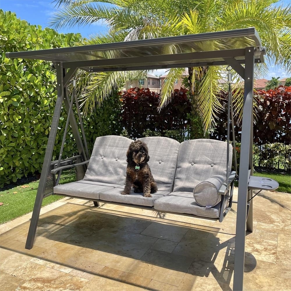 PURPLE LEAF 3-seat Outdoor Porch Swing with Adjustable PVC Canopy - 70.86"(H) X 76.77"(W) X 47.24"(D)