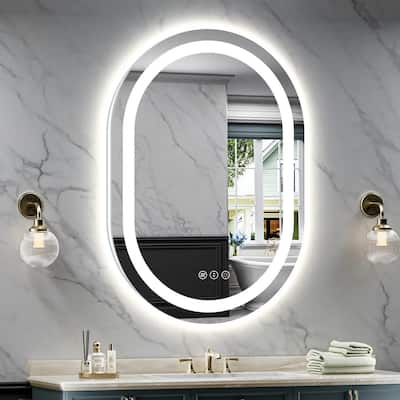 Oval LED Lighted Bathroom Vanity Mirror Anti-Fog Wall Mirror in Tempered Glass, 3 Colors Touch