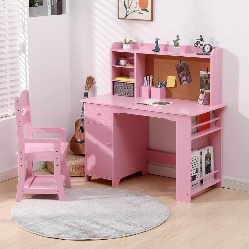 Kids Study Desk and Chair Set, White Wood Desk with Bookshelf, Bulletin Board, and Storage Cabinets