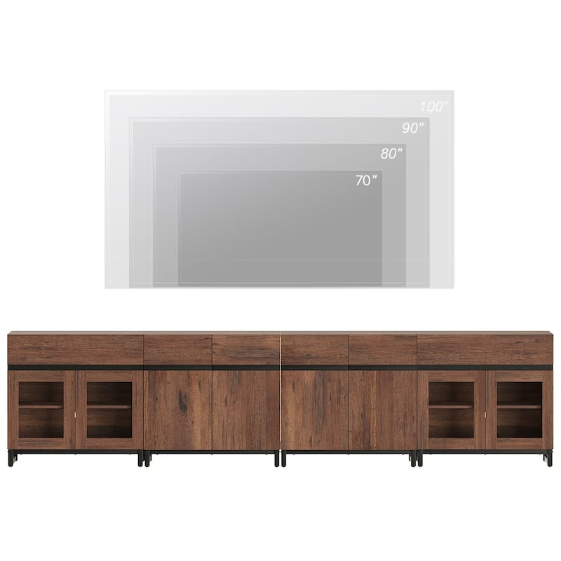 Modern TV Stand for 120" TVs, 4-in-1 Console with Glass Doors & 2 Drawers