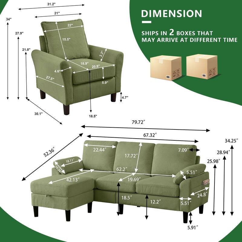 3 Pieces Corduroy Living Room Set with Sectional Sofa, Storage Ottoman and Chair