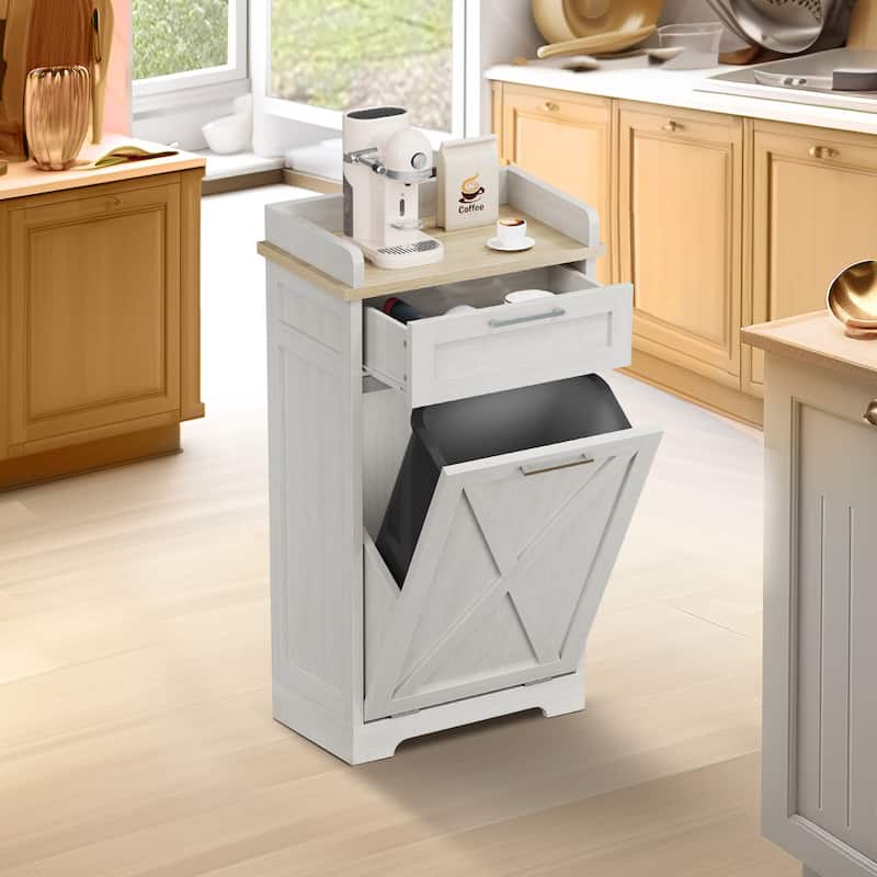 Kitchen Wooden Tilt Out Trash Can Cabinet Freestanding Trash Bin Holder - White