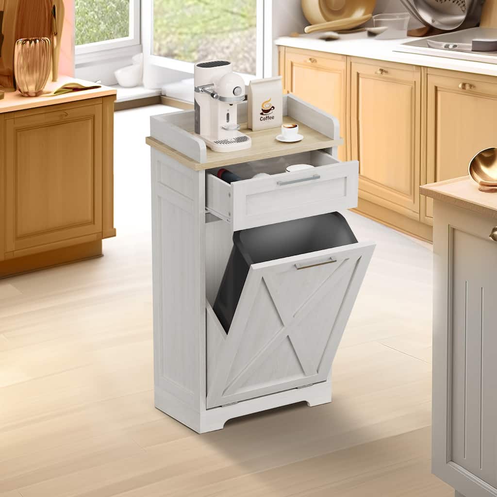 Kitchen Wooden Tilt Out Trash Can Cabinet Freestanding Trash Bin Holder