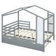 preview thumbnail 37 of 41, Full Size Wood House Bed with Roof & Fence, Multifunction Daybed Frame w/ Writing Board & Trundle for Kids Teens Girls/Boys