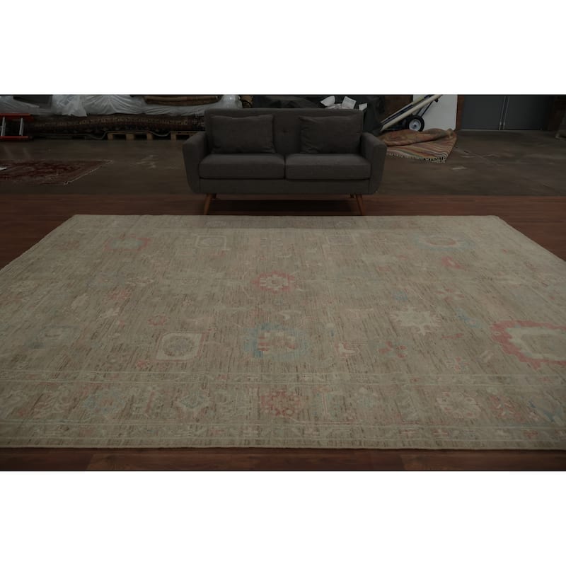 Hand Knotted Oriental 100% Wool Carpet Transitional All-Over Brown Oushak Area Rug - 12' 0'' X 9' 0''