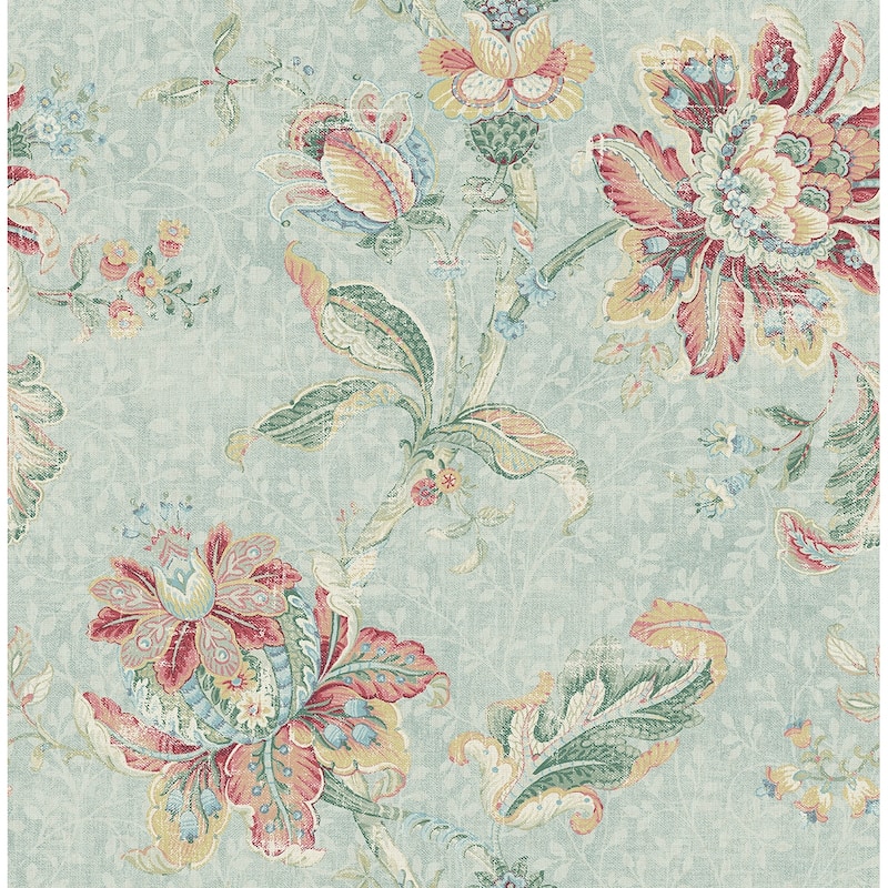 Seabrook Designs Britannia Antique Jacobean Unpasted Wallpaper - 20.5 in. W x 33 ft. L - Faded Blue & Cherry