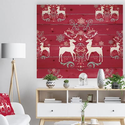 Designart 'Lovely Reindeer Christmas Pattern with Crystal Flakes' Print on Natural Pine Wood - Red