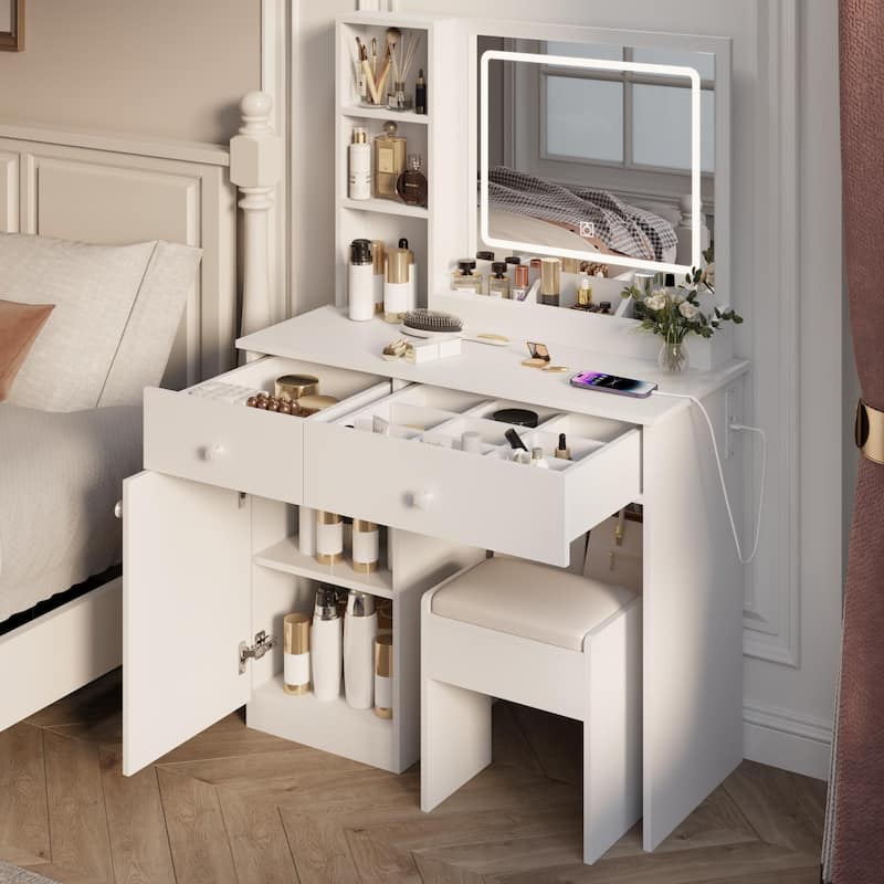White Vanity Table and Stool Set with Charing Station, Makeup Vanity Desk with Mirror and Lights - White