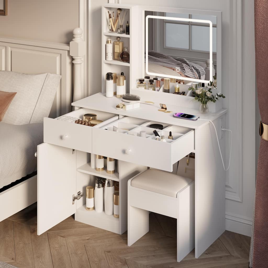 White Vanity Table and Stool Set with Charing Station, Makeup Vanity Desk with Mirror and Lights